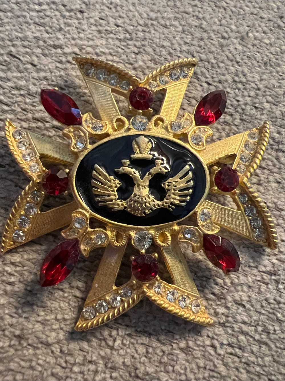 VTG~Gold-Tone Red Crystal Double-Headed Eagle Brooch